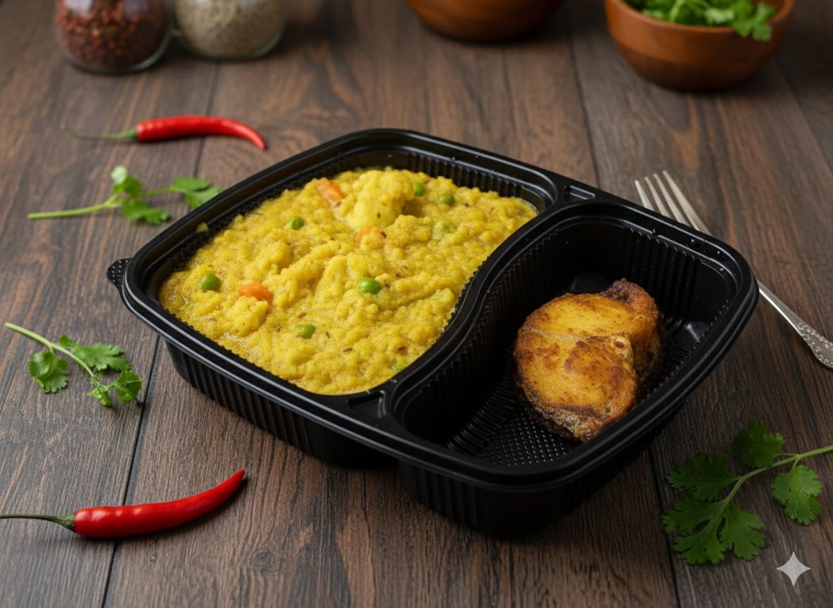 Khichuri and Katla Mach Bhaja